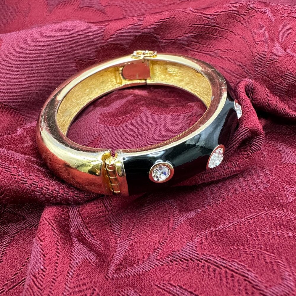 RARE VTG Christian Dior Black Enamel Rhinestone Hinged Bracelet - Picture 13 of 14